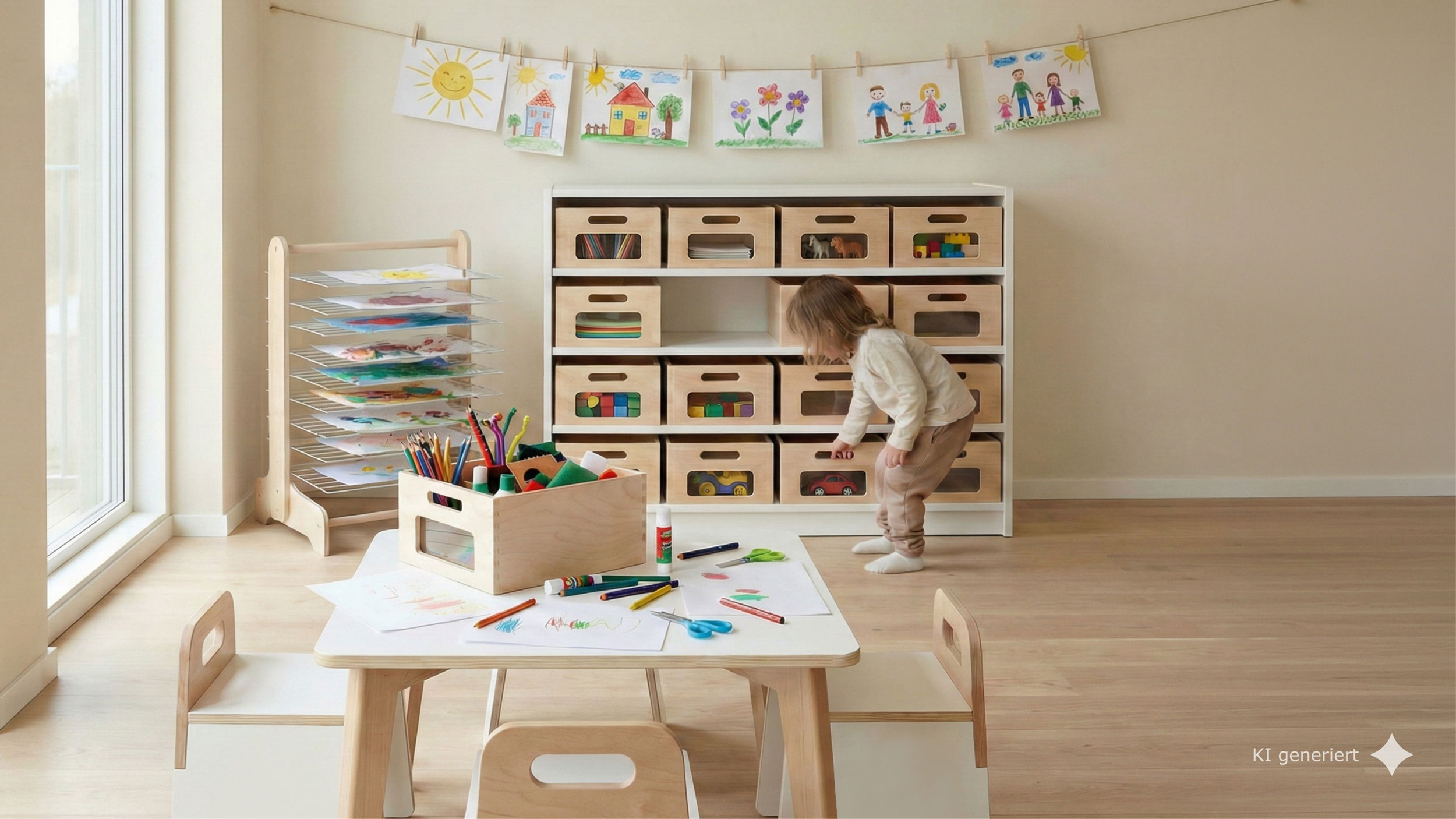 Heller, freundlich eingerichteter Gruppenraum mit kindgerechten Möbeln, Bastelmaterialien und aufgehängten Kinderzeichnungen. Ein kleines Kind räumt selbstständig Spielzeug in ein Regal mit Holzboxen ein.