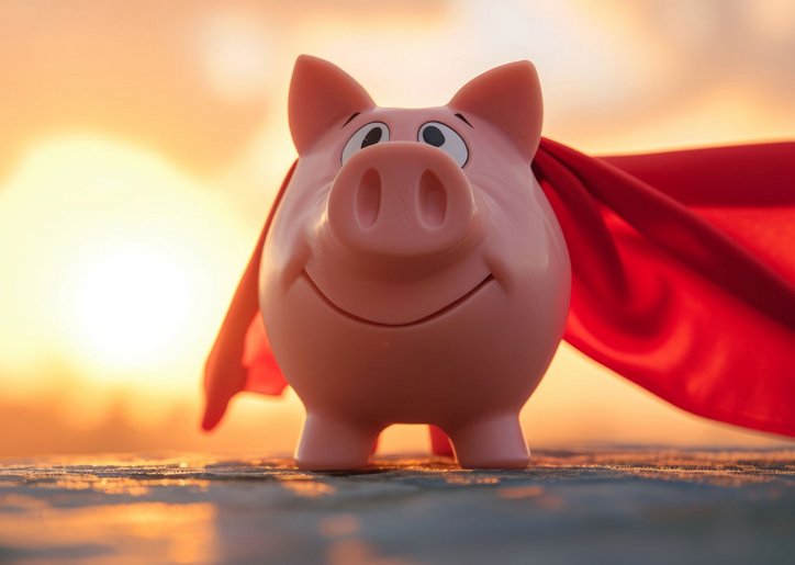 Ein rosa Sparschwein mit fröhlichem Gesichtsausdruck. Es trägt ein rotes Cape, das im Wind weht – wie ein Superheld. Der Hintergrund ist unscharf und zeigt einen warmen Sonnenuntergang mit orangefarbenen und goldenen Lichtstrahlen. 