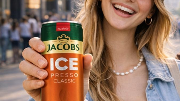 Eine lächelnde Frau hält eine Dose in Richtung Kamera. Auf der Dose ist deutlich die Aufschrift ICEPRESSO zu sehen.