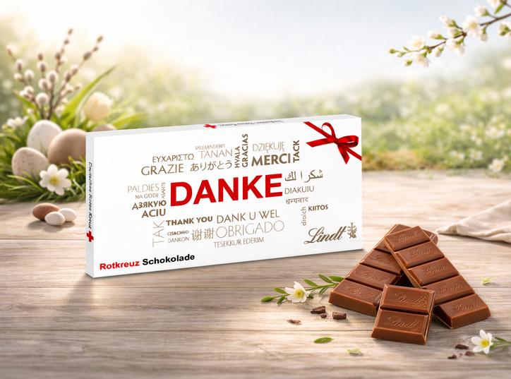 Lindt-Schokoladenverpackung mit roter Schleife und großem „Danke“ in verschiedenen Sprachen, daneben gestapelte Schokoladenstücke auf einem Holztisch mit Frühlingsdekoration und Ostereiern im Hintergrund.