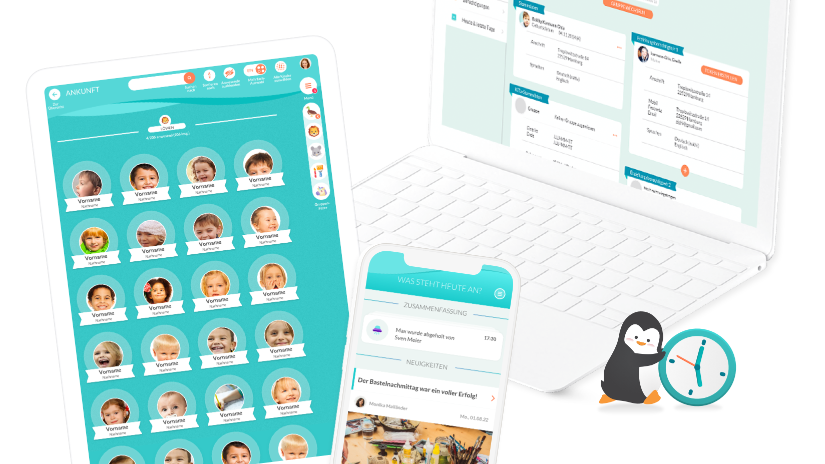 Tablet, Smartphone und Laptop mit einer Kita-Verwaltungssoftware – dargestellt sind Kinderfotos, Tagespläne und Nachrichtenfunktionen; daneben ein Pinguin mit einer Uhr als kindgerechte Symbole.
