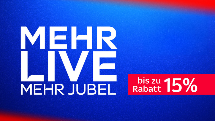 Werbebanner des Streaming-Anbieters Sky mit blau-rotem Farbverlauf. Links steht in großer weißer Schrift: „MEHR LIVE, MEHR JUBEL“. Rechts ein rotes Feld mit dem Text: „bis zu Rabatt 15 %“.