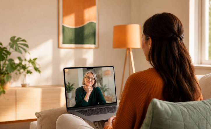 Eine Frau sitzt gemütlich auf einem Sofa und führt über ihren Laptop ein Videogespräch mit einer Frau.